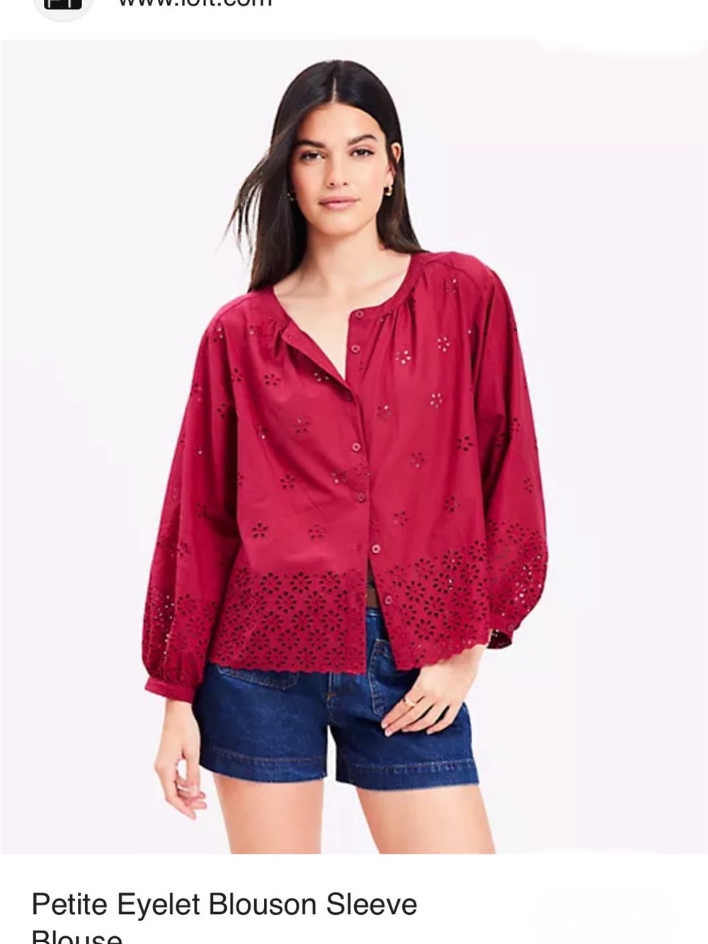 LOFT Wine Eyelet Petite Blouson Sleeve Blouse